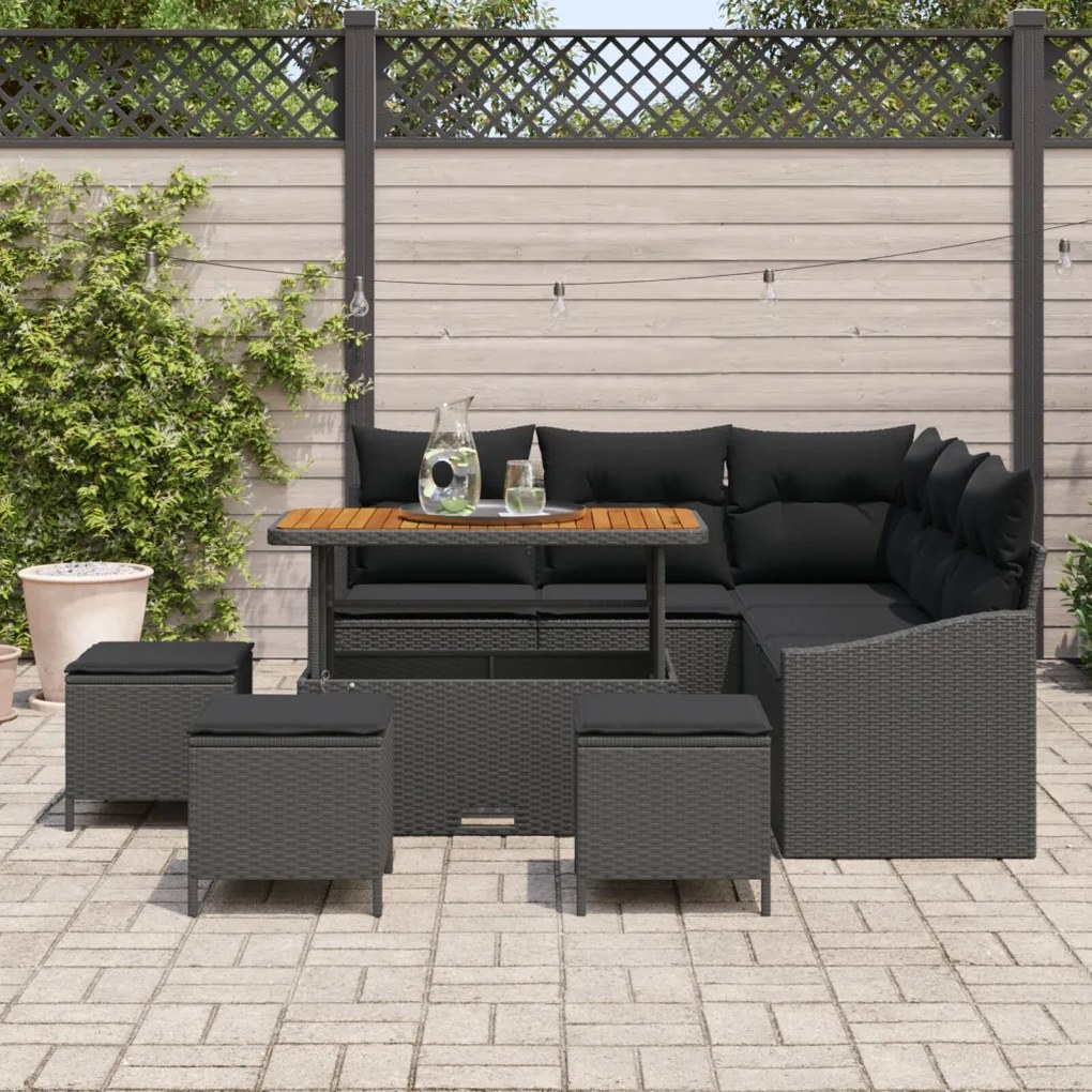 8 Részes Kert Kanapé Szett Párnákkal Fekete PE Rattan Akác, 2 Fős Kert Kanapé Párnákkal Fekete PE Rattan, 3 Részes Kert Étkező Szett Párnákkal Fekete PE Rattan Akác