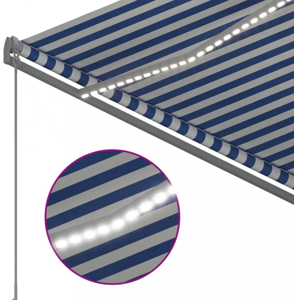 kék és fehér kézzel kihúzható LED-es napellenző 3,5 x 2,5 m