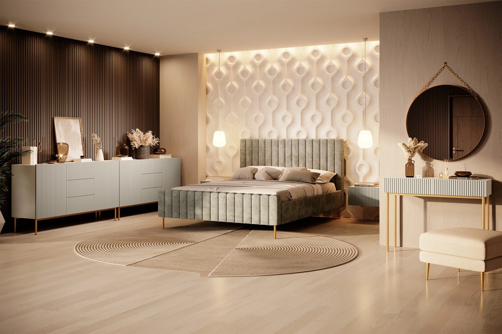 Nicole komód 150 cm fiókos, bordázott előlap - kasmír / arany lábak