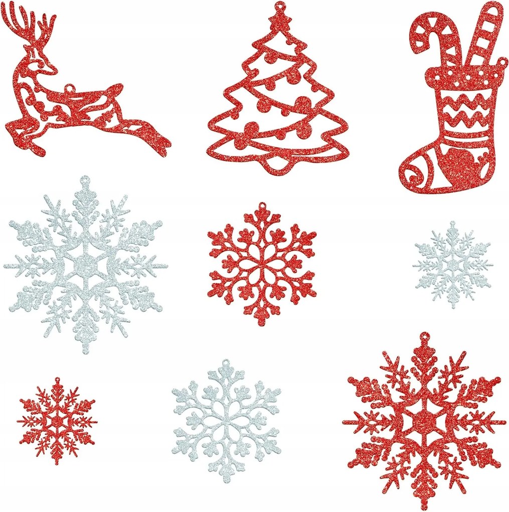 Fa Díszek Karácsonyfára Karácsonyfa Gömbök 65db csillám Hópehely Pelyhek 10,5cm