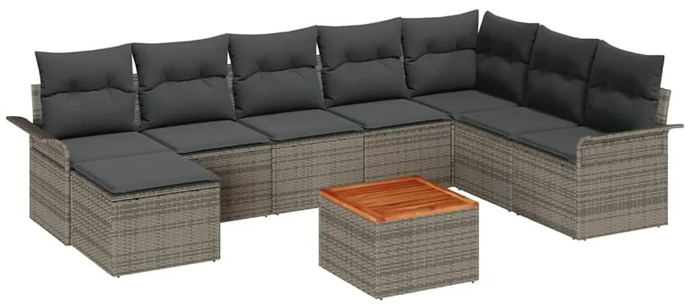 Kerti Kanapé Szett 9 pcs Szürke Poli rattan, acél, tömör akácfa