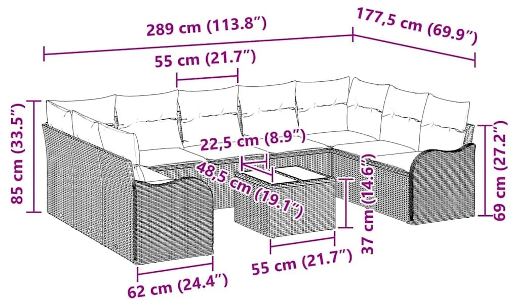 Kerti Kanapé Szett párnával 10 pcs Bézs és fehér Poli rattan