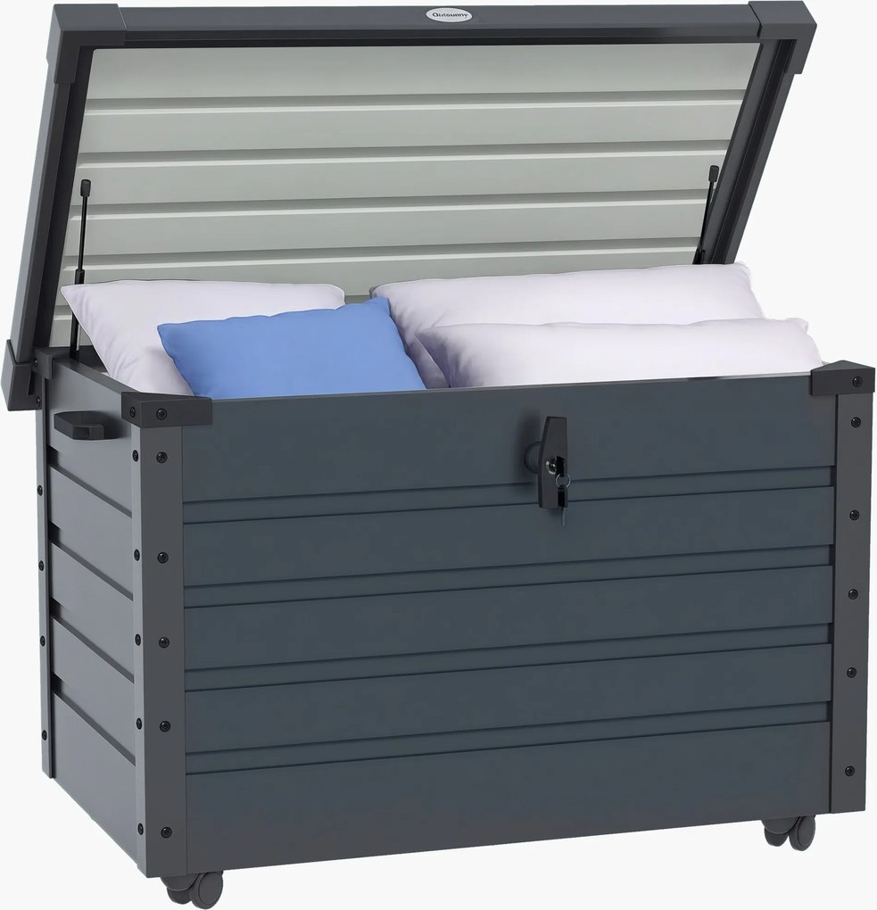 Outsunny 295L Zárható Kerti Tárolódoboz, 2 Fogantyúval és 4 Kerékkel, Horganyzott Acél Tárolóegység, 100x62x65 cm, Sötétszürke | Aosom