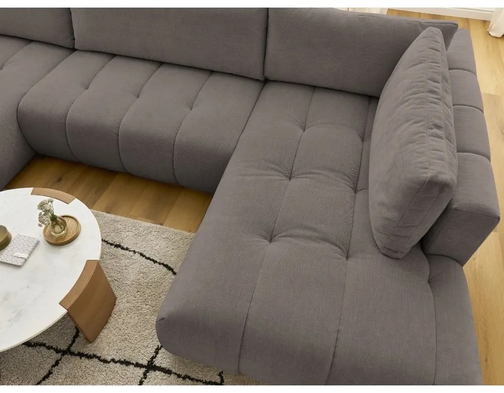 Szürkésbarna kinyitható-tárolóhelyes sarokkanapé (jobb oldali-U alakú) Fuji – Bobochic Paris