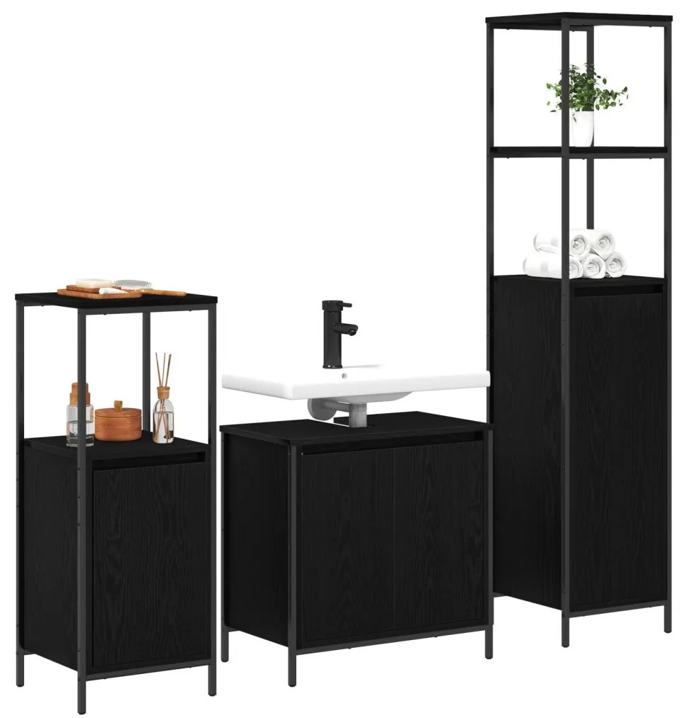 3 darabos fürdőszobai bútorkészlet fekete tölgy szálkásított fával