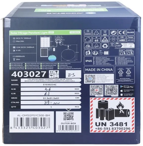 Aigostar-LED RGBW Napelemes csillár MESH 35W/3,7V 8000 mAh 2700K-6500K IP65 átm. 50 cm