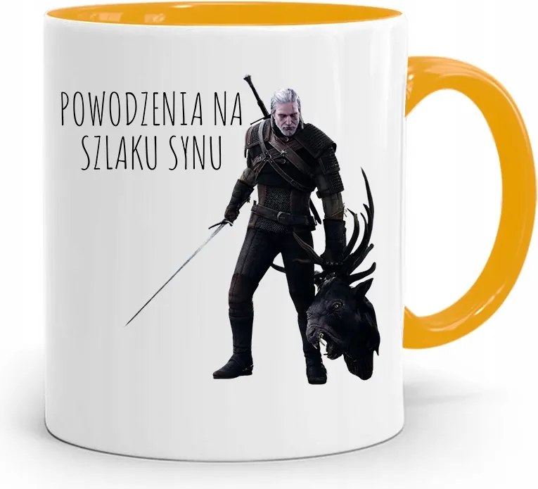 Sárga Bögre Ajándék A Sok Siker Fiának Az Ösvényen fényképes nyomtatással