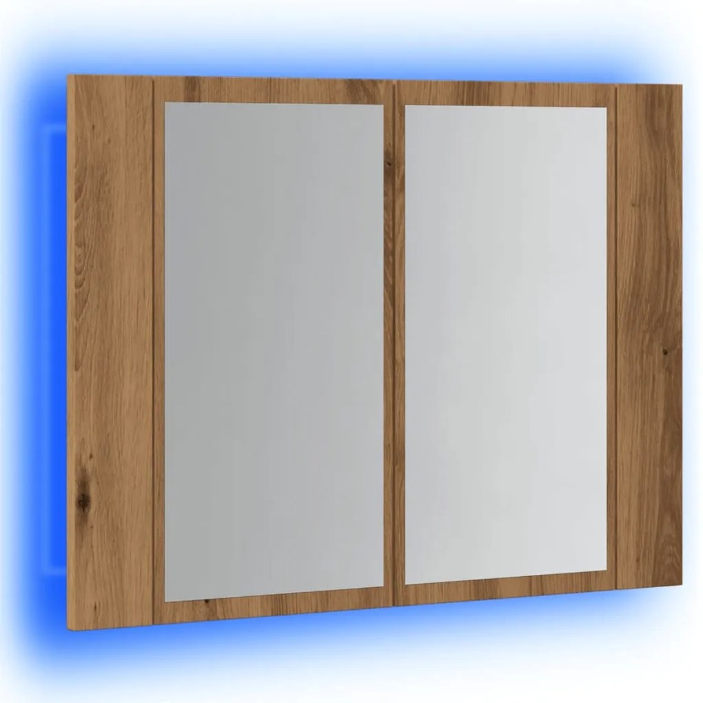 kézműves tölgyszínű szerelt fa tükörszekrény LED-del 60x12x45cm