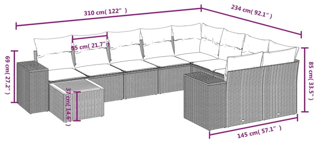 10 részes szürke polyrattan kerti ülőgarnitúra párnákkal