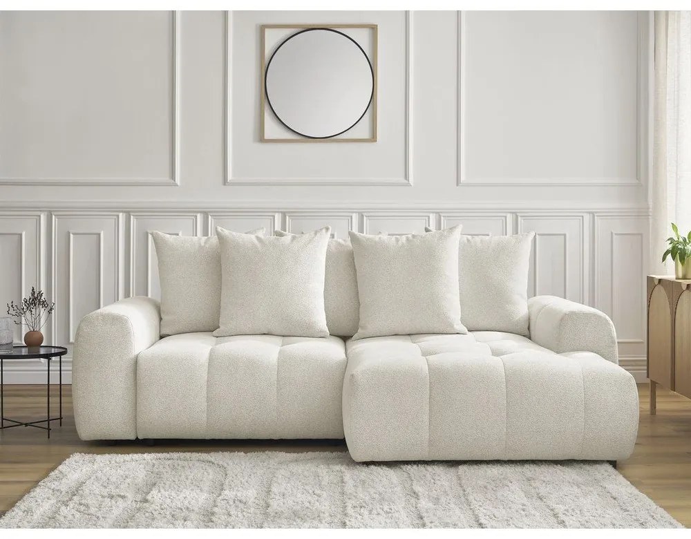 Fehér zsenília kinyitható-tárolóhelyes sarokkanapé (jobb oldali-heverő résszel) Roxelane – Bobochic Paris