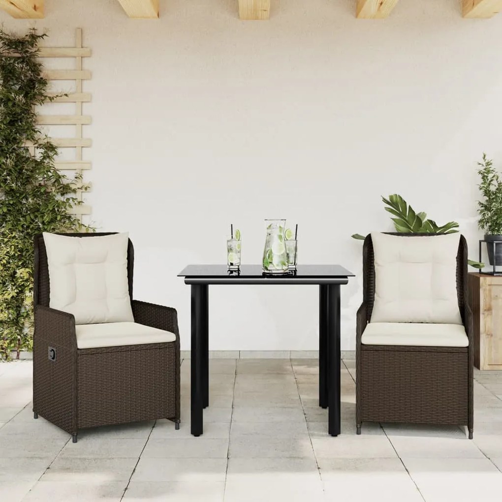 3 részes barna polyrattan kerti étkezőgarnitúra párnával