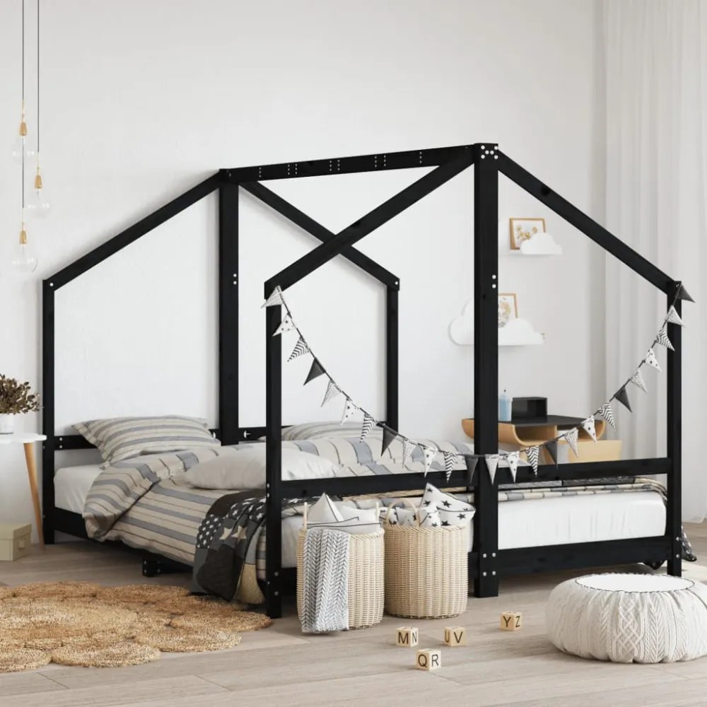 fekete tömör fenyőfa gyerekágykeret 2 x (80 x 200) cm