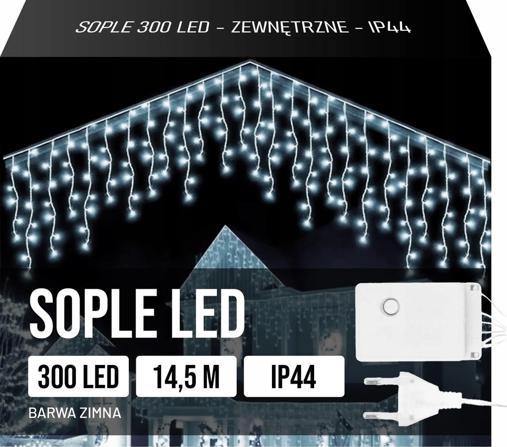 Jégcsap Fényfüzér Fehér Karácsonyi Kültéri Hideg Fényű 300 Led