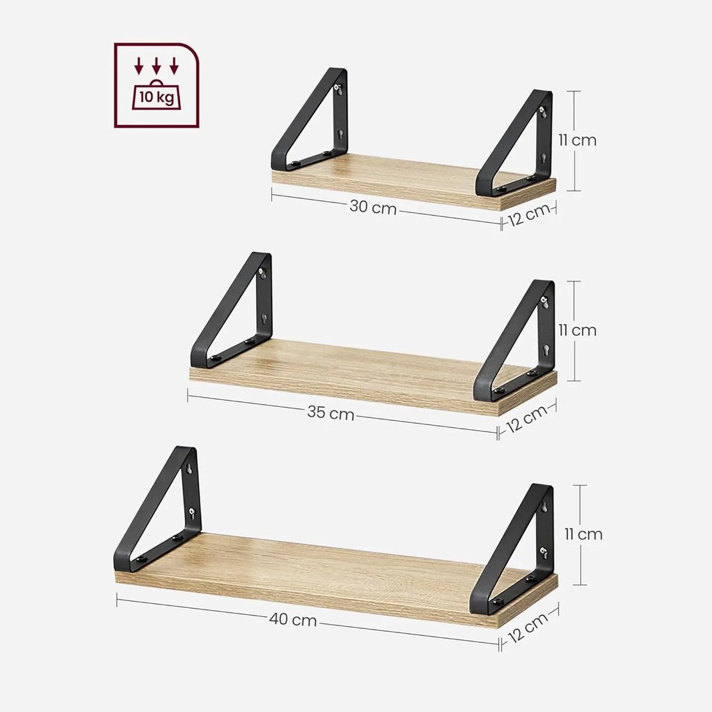 Fali polc, lebegő polc, 3 darabos készlet, tölgy-fekete