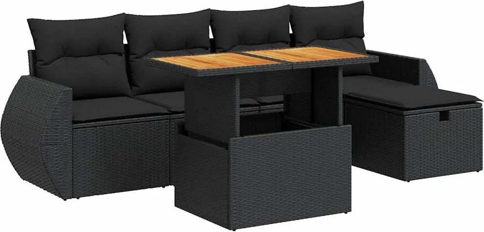 vidaXL 6 részes fekete polyrattan akácfa kerti ülőgarnitúra párnákkal