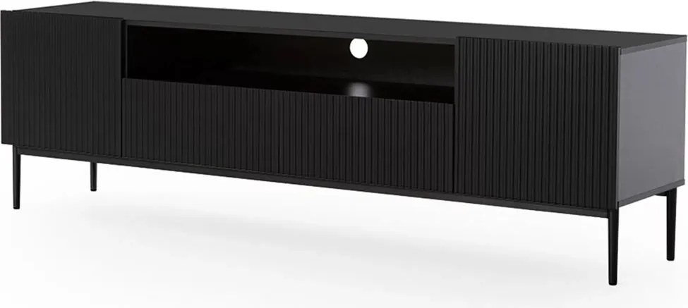 Nicole TV-szekrény 200 cm nyitott polccal és fiókokkal - fekete matt / fekete lábak