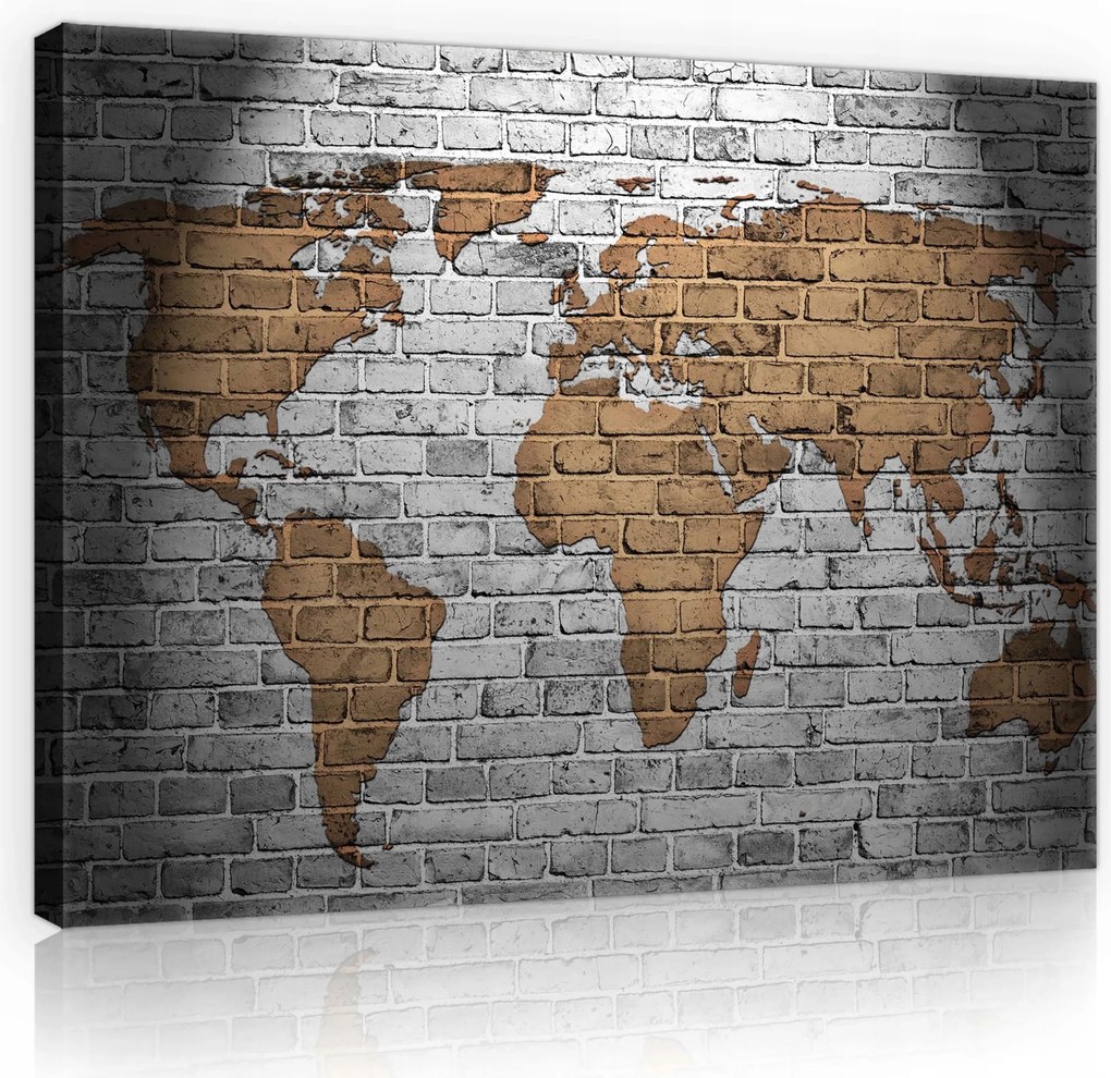 Vászonkép 80x60 Világtérkép téglafal utazás földrajz ipari stílus