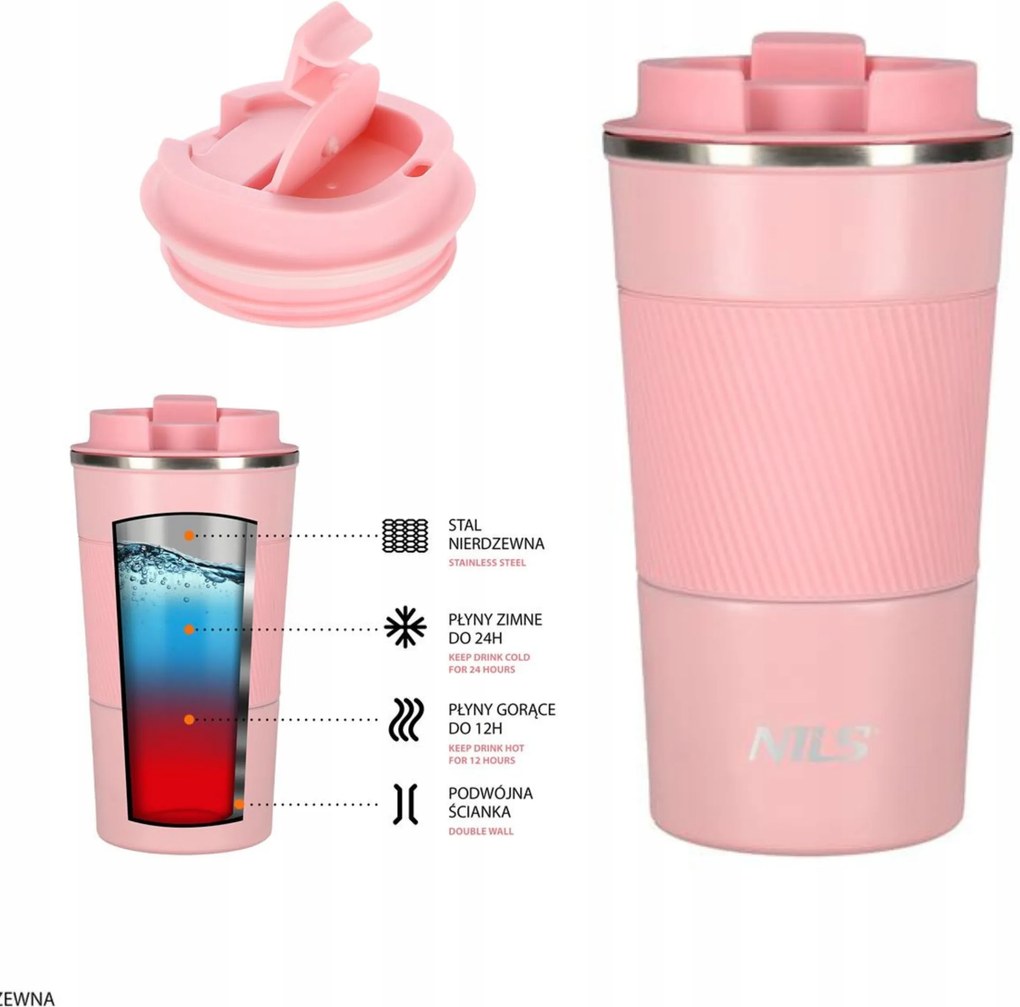 Thermo rózsaszín bögre 510ml Nils acél gumi kényelmes fogás