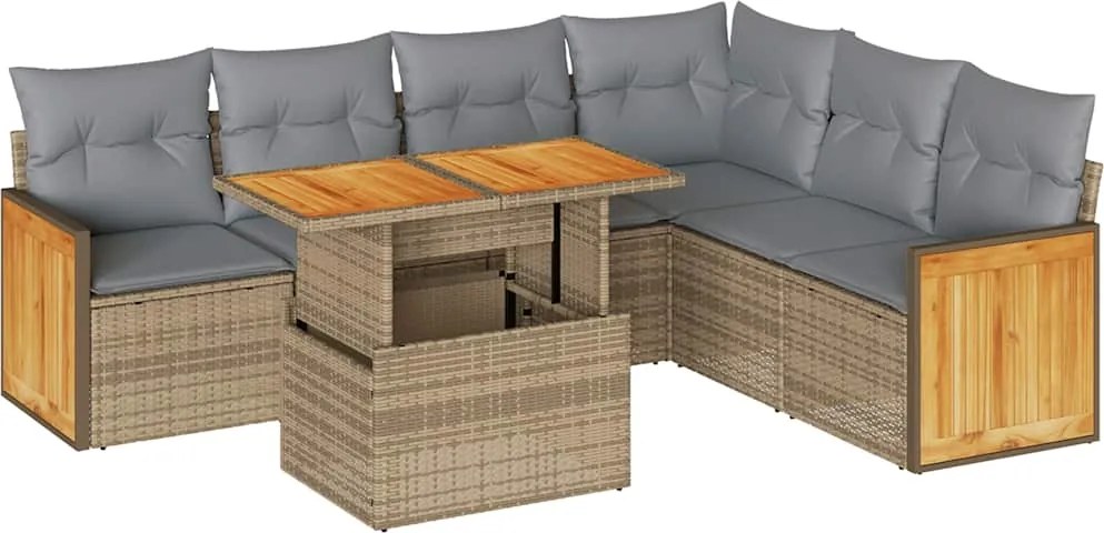 vidaXL 7 részes bézs polyrattan akácfa kerti ülőgarnitúra párnákkal