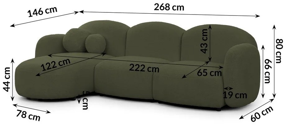 Zöld buklé sarokkanapé (bal oldali-heverő résszel) Orbit – Ropez