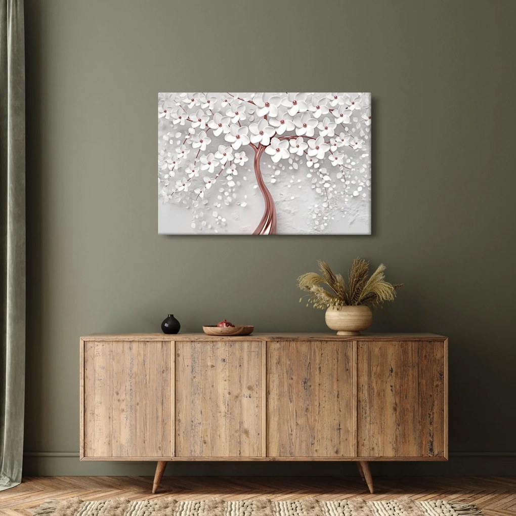 Kép - Egy fehér fa képe virágokkal, rózsaarany (90x60 cm)