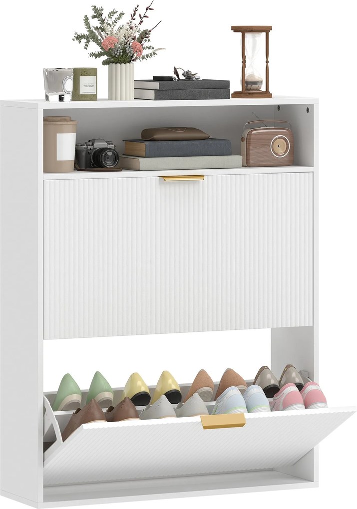 HOMCOM Slim Flip Shoe Cabinet — 2 Flip Compartments, Top Shelf, Holds 12–16 Pairs — White (31.5"x9.4"x40.4") | Aosom
