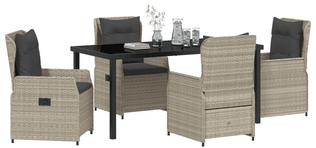 5 darabos Kerti Étkezőszett Világosszürke Poli Rattan, Kerti Asztal Fekete 160x80x73 cm Edzett Üveg