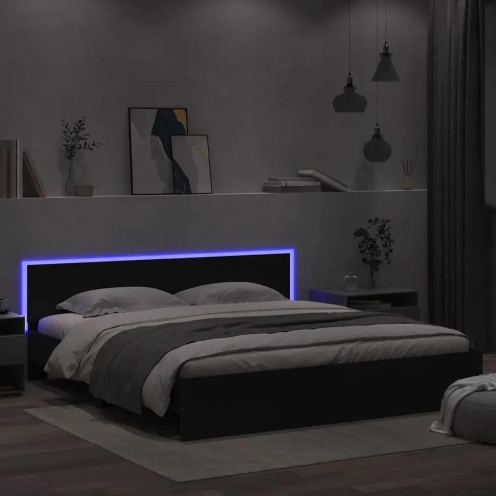 fekete ágykeret fejtámlával és LED-del 180 x 200 cm