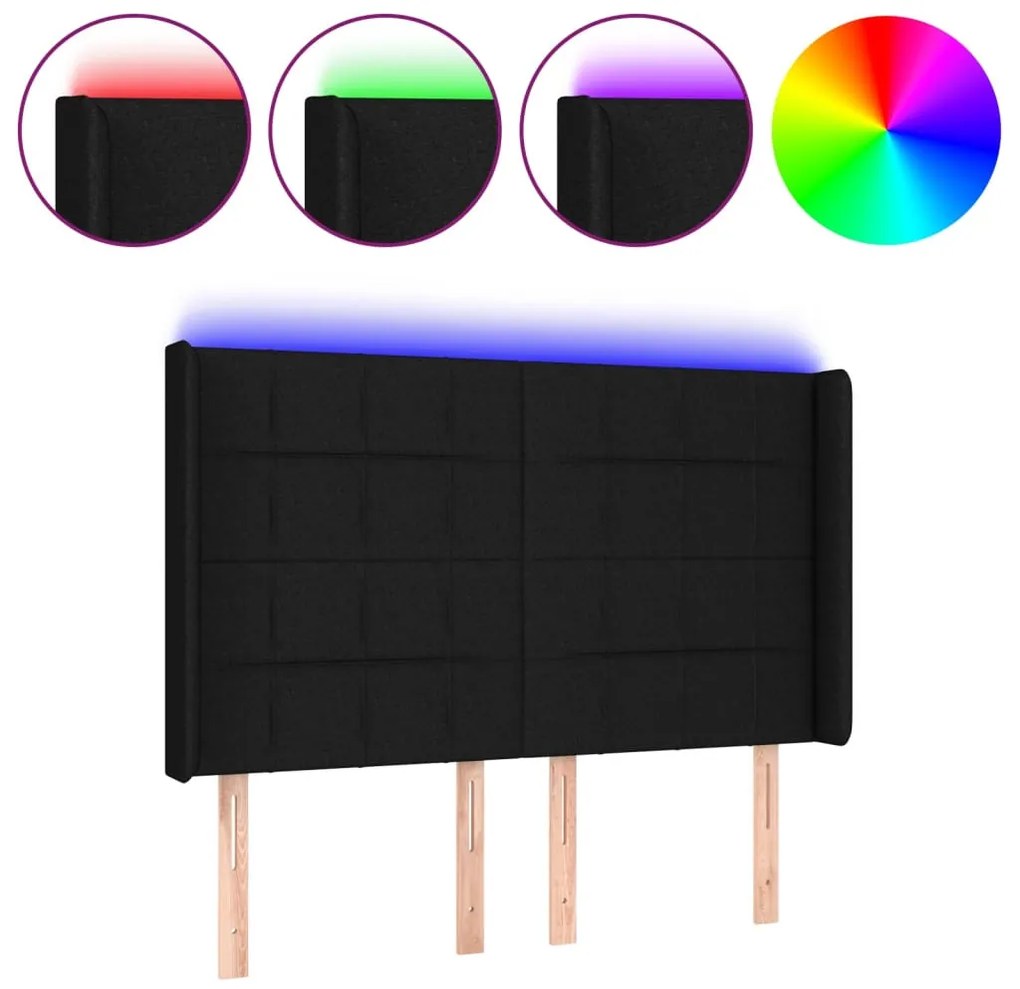 fekete szövet LED-es fejtámla 144x5x118/128 cm