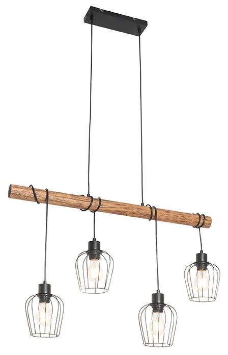 Vidéki függő lámpa fekete, fából készült, 4 lámpával - Stronk