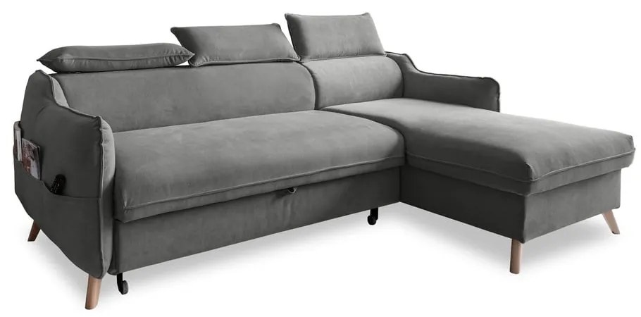 Világosszürke bársony kinyitható sarokkanapé (jobb oldali) Sweet Harmony – Miuform