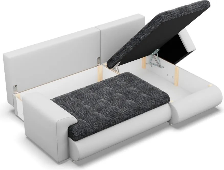 Tokio sarokkanapé, 2 ágyneműtartóval, fonott + műbőr, jobboldali, sötétszürke - fehér