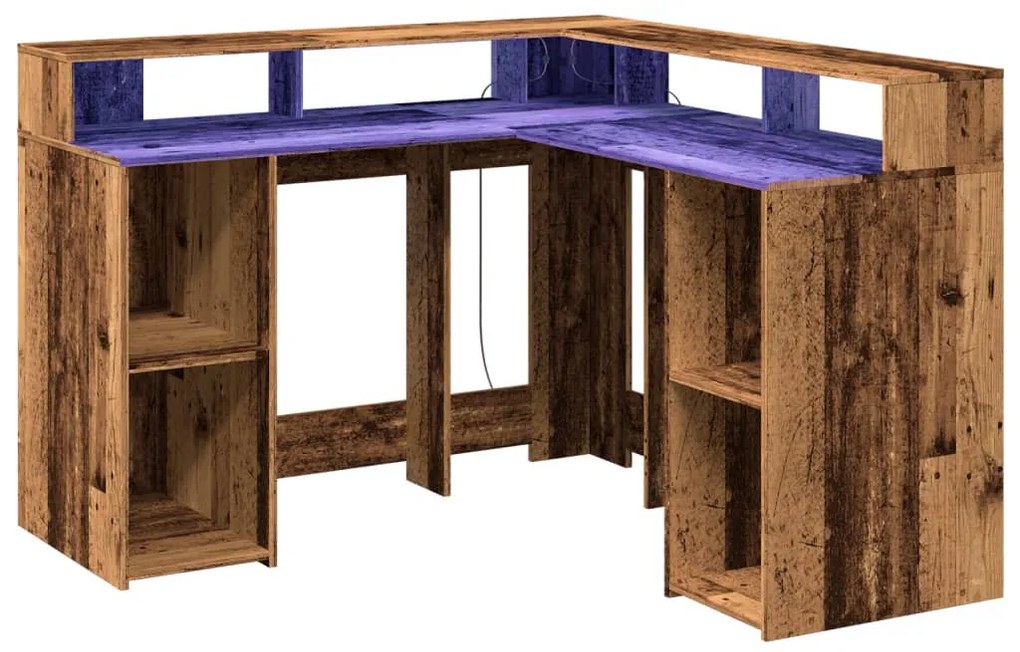 antik fa színű szerelt fa íróasztal LED-ekkel 130 x 130 x 91 cm