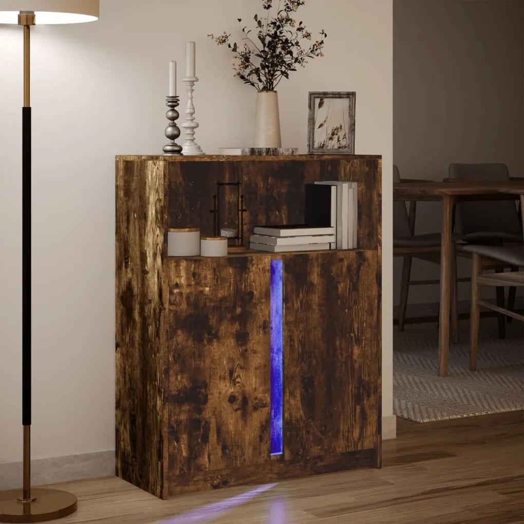 füstös tölgy szerelt fa tálalószekrény LED-del 77 x 34 x 100 cm