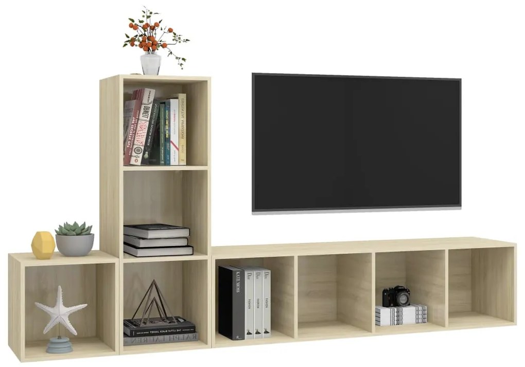 3 részes tölgyszínű forgácslap TV-szekrény szett