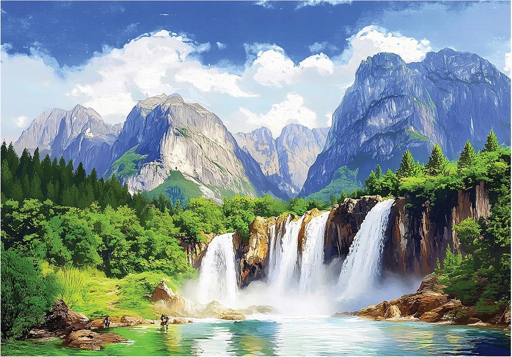 Fotótapéta hegyek vízesés erdő zöld táj természet kilátás a nappaliba 208 x