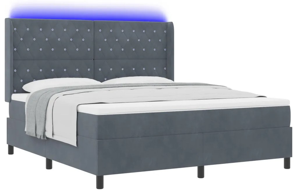 Boxspring Ágy Matrac négy LED-del Sötétszürke 180x200 cm Bársony