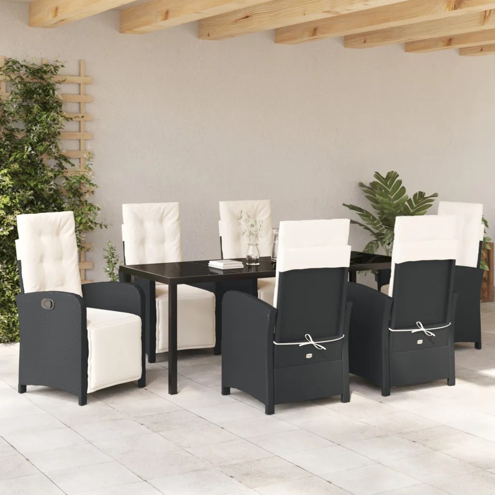 7 Darabos Kerti Étkező Szett Párnákkal, Fekete Poli Rattan, Kerti Asztal Fekete 200x80x73 cm Edzett Üvegből