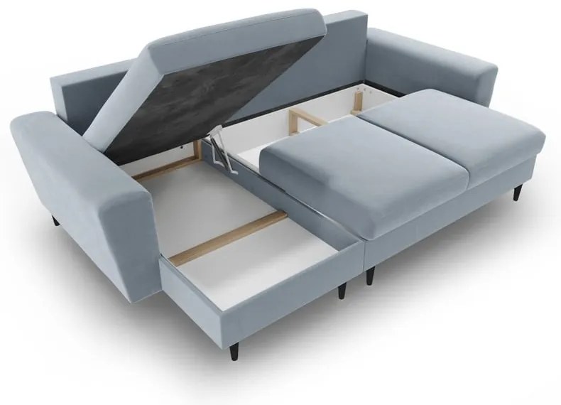 Világoskék bársony kinyitható tárolóhelyes sarokkanapé Kyoto – Cosmopolitan Design