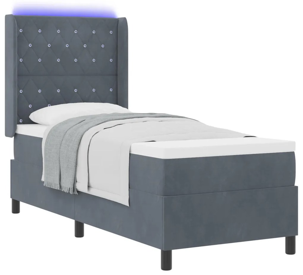 Boxspring ágy matraccal és LED, sötétszürke, 80x200 cm, bársony
