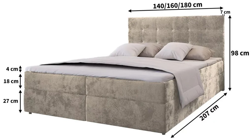 Kárpitozott boxspring ágy GLORIEN VELVET 160x200 cm szürke Matrac: Bonell rugós matrac