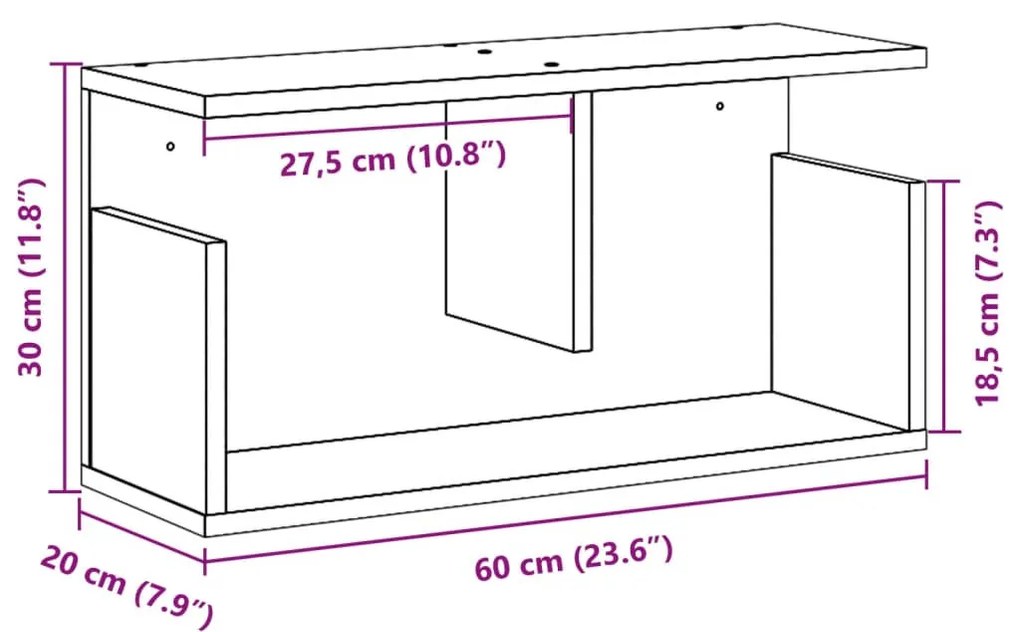 füstös tölgy színű szerelt fa faliszekrény 60 x 20 x 30 cm