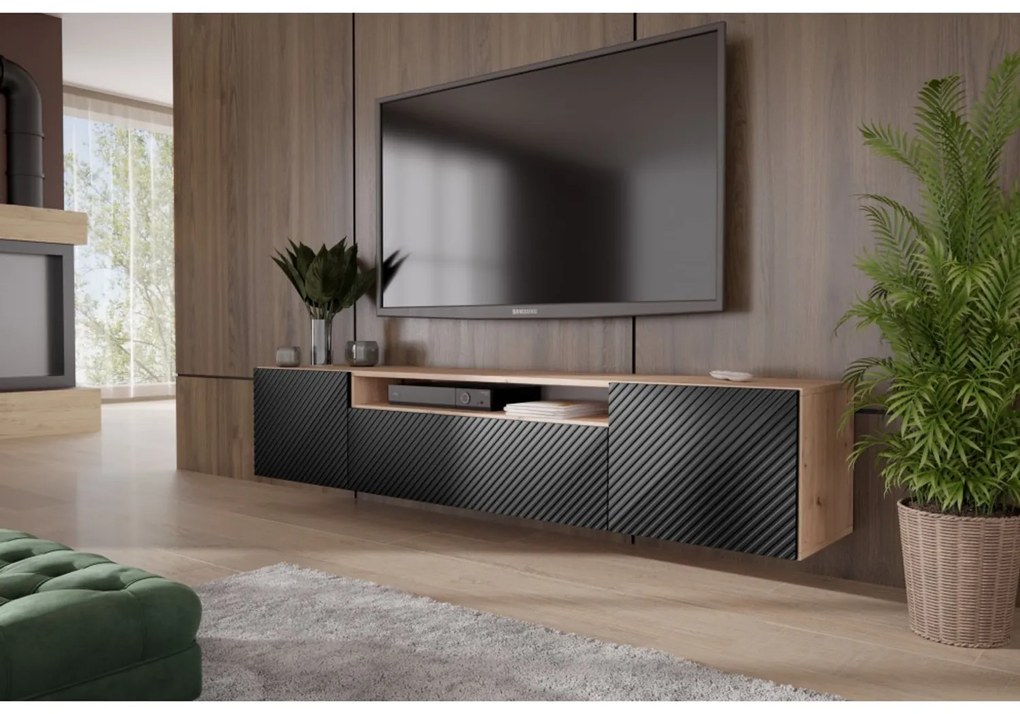 Függesztett TV asztal RTV Neo 200 cm Artisan tölgy / Fekete