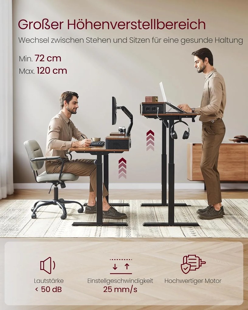 Magasságállítható elektromos íróasztal led világítással(7 szín), 60 x 120 cm, vintage barna/fekete