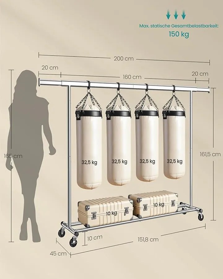 Nagy teherbírású ruhatartó állvány 150 kg maximális terheléssel, ezüst színben