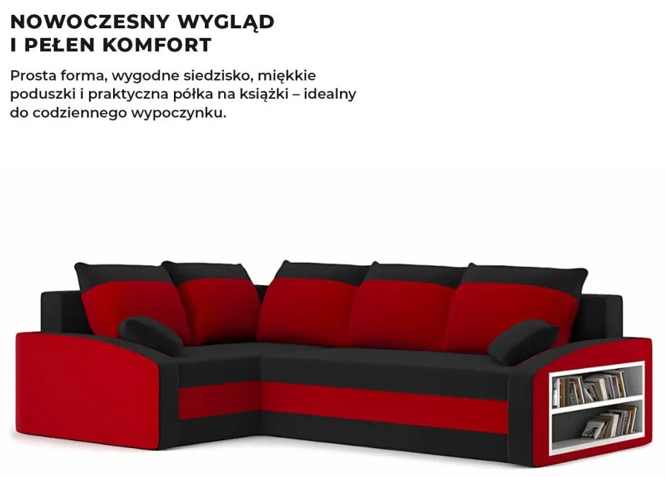 Grande sarokkanapé polcokkal , polc a jobb karfaban, baloldali, szövet anyag, hab töltet, fekete - piros