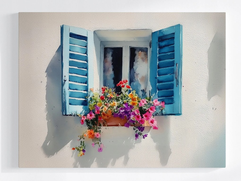 Poszter Ablak Kék Ablakok Virágok Dekoráció 100x75