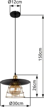 Globo 15086BH1 Függeszték fém fekete matt, fémháló antik sárgaréz, kábel PVC fekete, ø: 300mm, M: 1500mm, 1x E27 60W 230V izzó nélkül