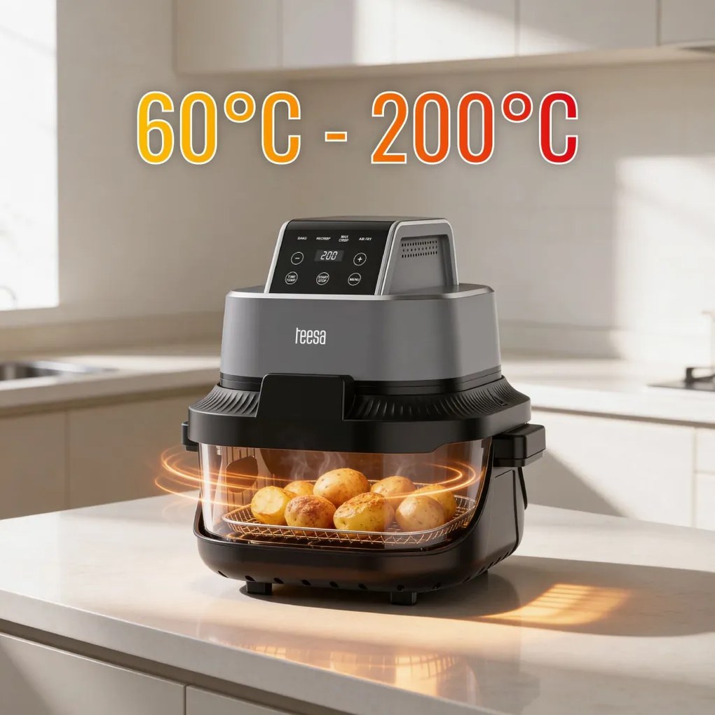 TEESA Üveg légforrós friter 4L, 1,5 L, 1500W zsírmentes fritőz, fekete