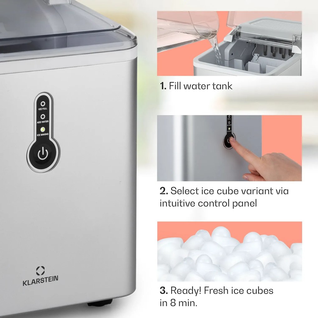 Klarstein Chillout, jégkocka készítő, kerek jégdarabok, 12 kg/24 h, víztartály: 1,5 L, ezüst